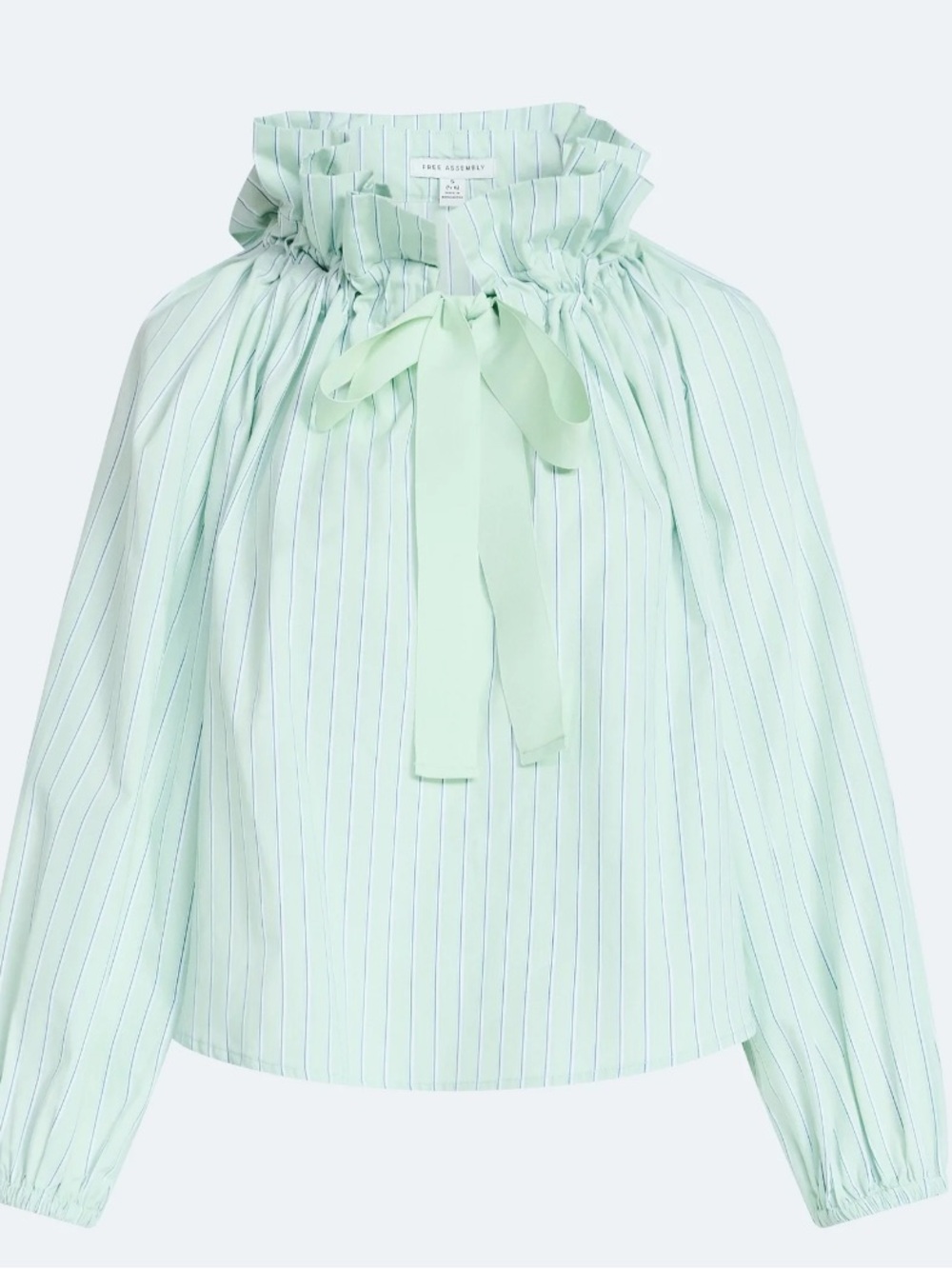 Free Assembly Women's Ruffle Tie Neck Cotton Top with Long Puff Sleeves
